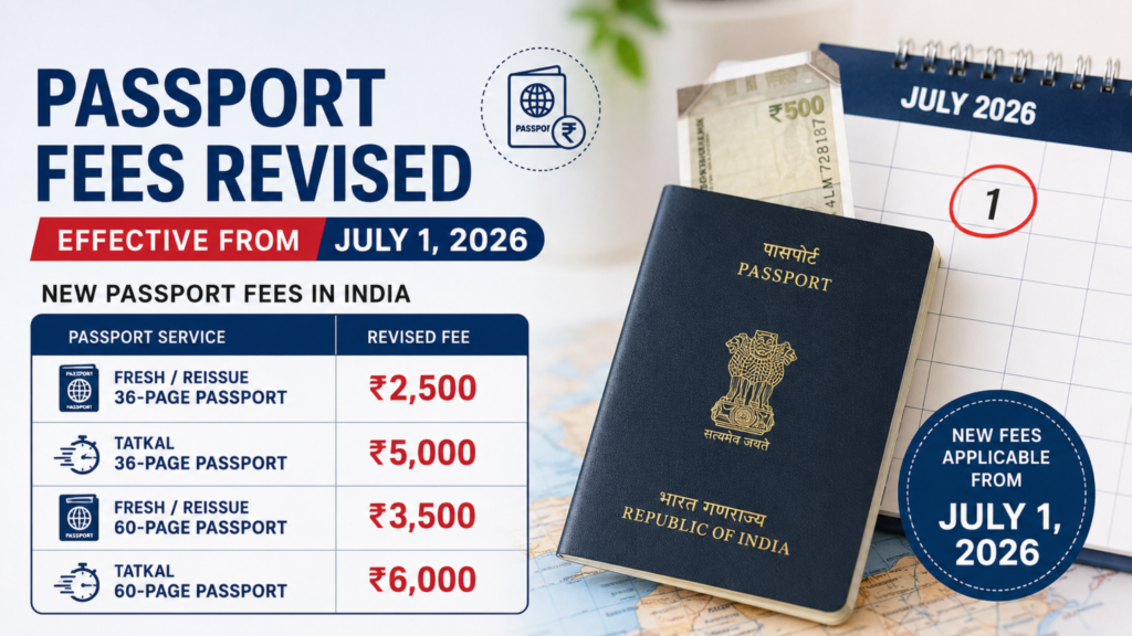 Infographic showing revised Indian passport application fees for fresh, reissue, and Tatkal passports effective from July 1, 2026.